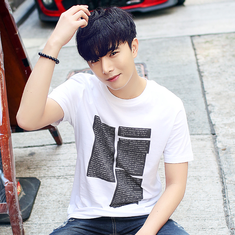 夏裝男短袖T恤字母印花時尚韓版修身圓領白色體恤青少年男上衣潮