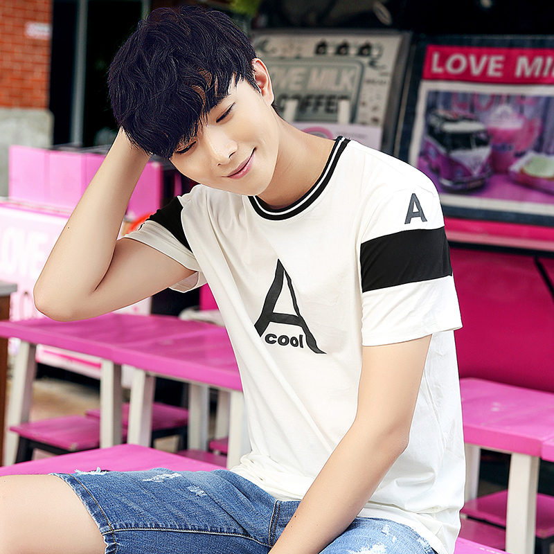 夏季男士短袖t恤圓領印花修身體恤韓版學生潮男裝上衣服打底衫