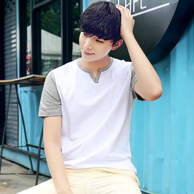 夏季新款男士短袖T恤韓版修身大碼時尚v領潮男裝體恤青少年上衣服