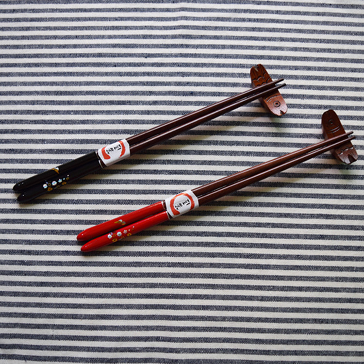 日式高檔酒店尖頭印花木筷紅黑色家庭情侶筷子木質便攜楠木筷