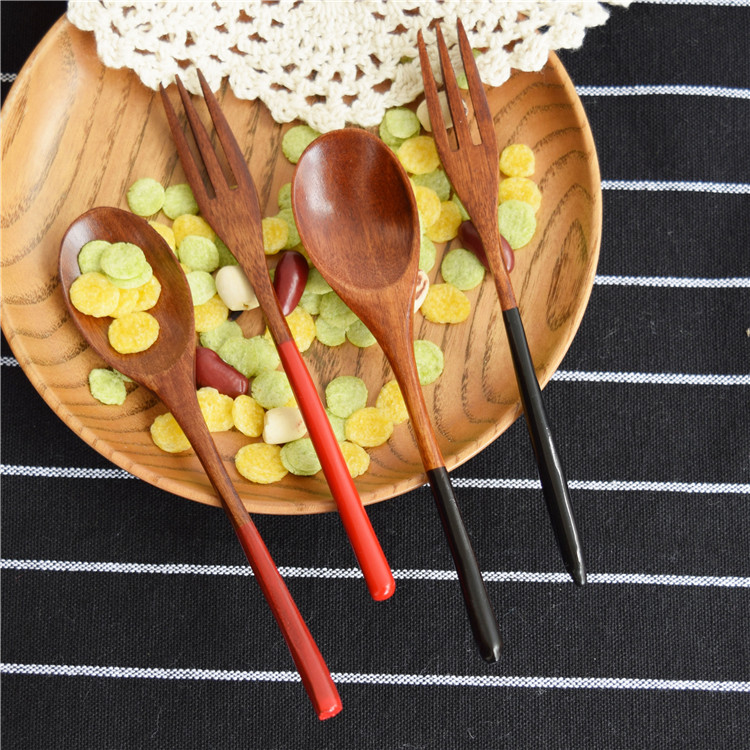 日式兒童紅黑勺叉情侶甜品水果蛋糕勺叉餐具套裝創意勺叉木質餐具