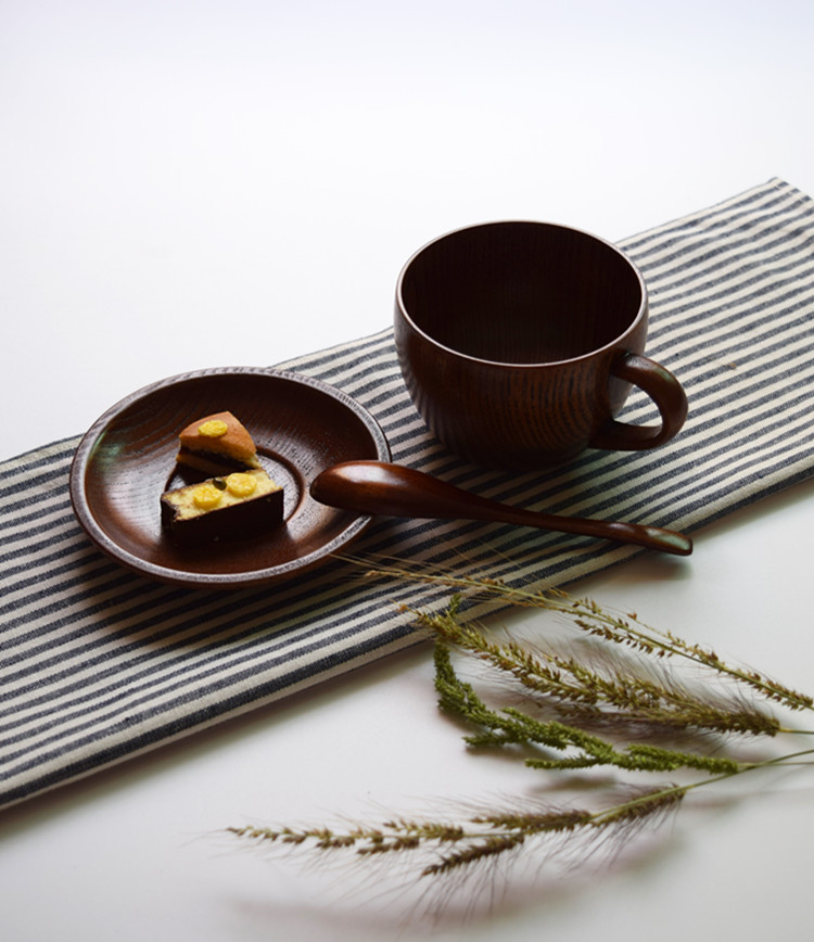 茶水木杯咖啡杯簡約有手柄水杯實木杯碟勺套裝木質餐廳餐具