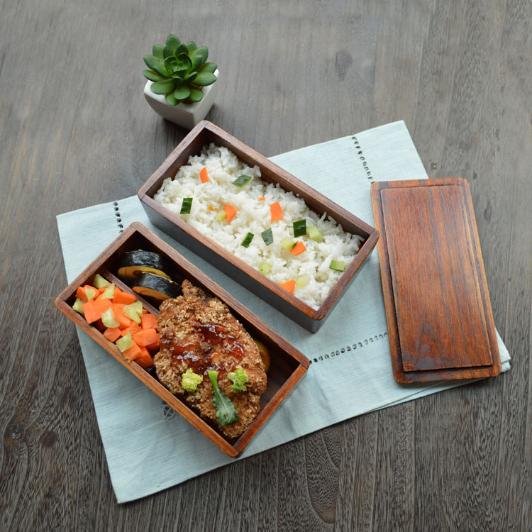 出口日韓雙層簡約實木食盒學生便攜餐盒天然木質餐具盒環保飯盒